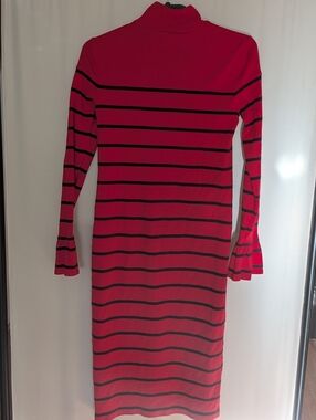 Lauren Ralph Lauren Red and Black Striped Turtleneck Midi Dress